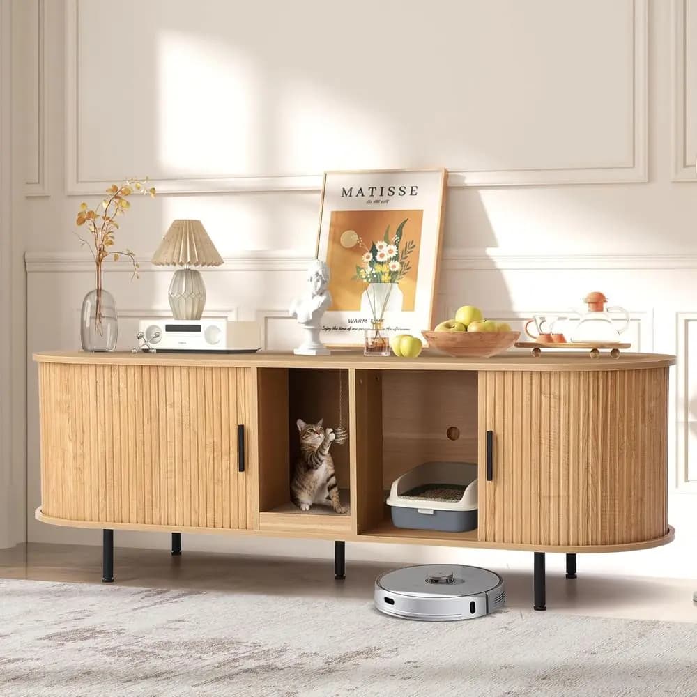 Natural Wooden Cat Litter Box Enclosure for 2 Cats with Scratch Pad and Ball, Suitable as Living Room Furniture