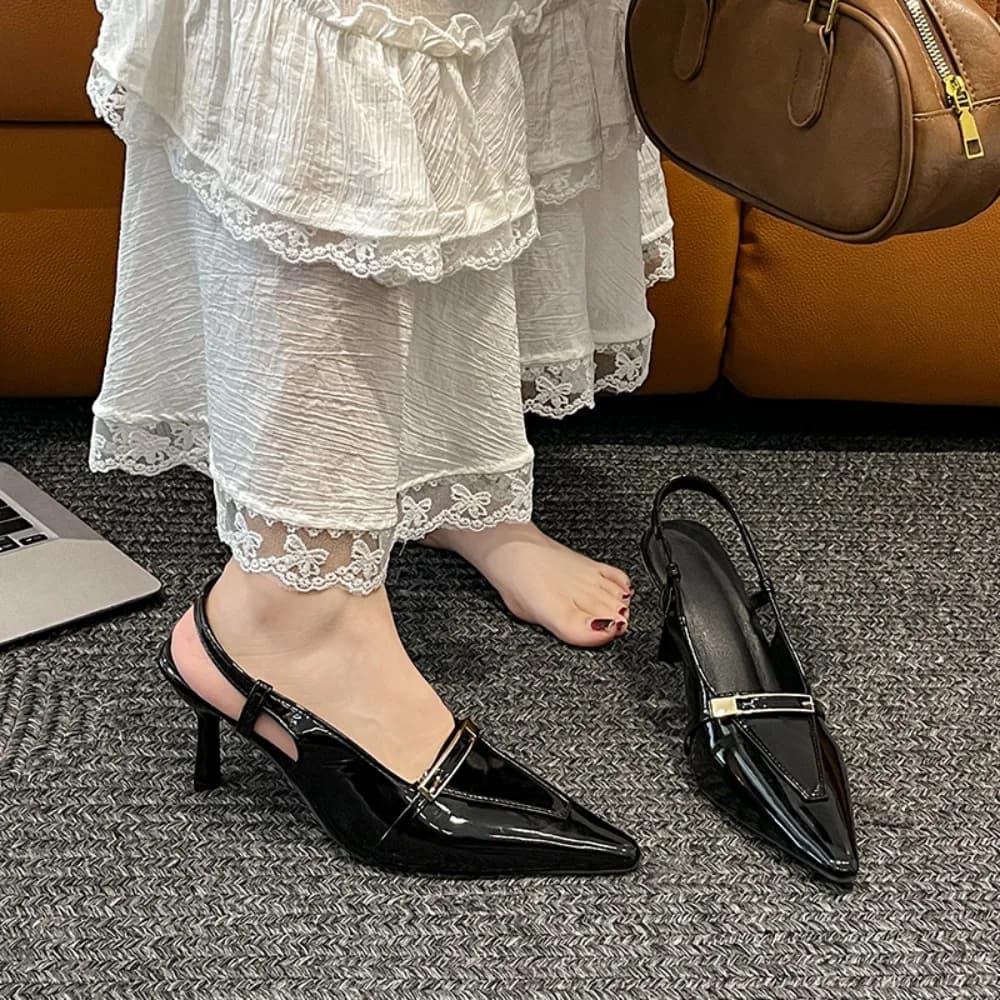 2026 New Summer Women's Dress Shoes Patent Leather Slip on Pointed Toe Sandals Buckle Slingbacks Mid Heels Pumps Sandalias Mujer