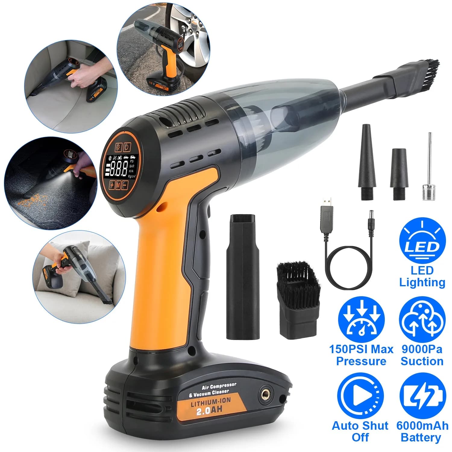 Aspirapolvere per Auto Senza Fili 4-in-1 e Gonfiatore Pneumatici, Luce LED, Manometro Digitale, 150PSI, Ricaricabile