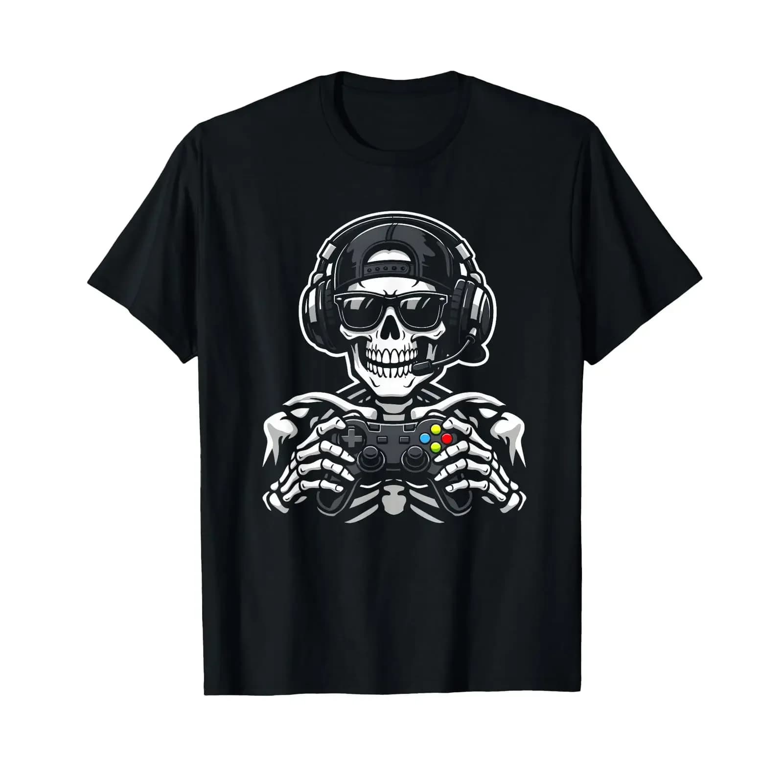 T-shirt vintage divertente da gamer con stampa scheletro, cuffie e gamepad, per videogiochi, effetto lavato, leggermente elasticizzata, abbigliamento di design