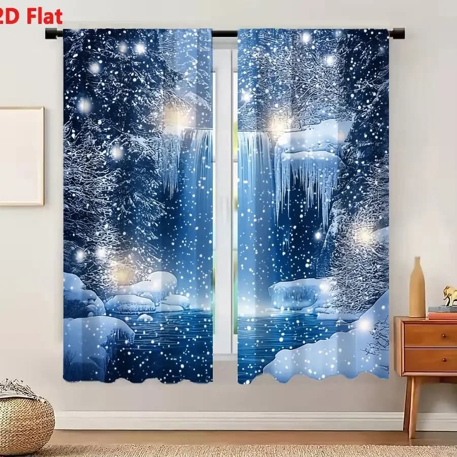 2Pcs Curtains 2D Flat Magical Winter Night Waterfall With Icicles Glowing Orbs Snowy Pine Trees And Golden Lights Window Drapes