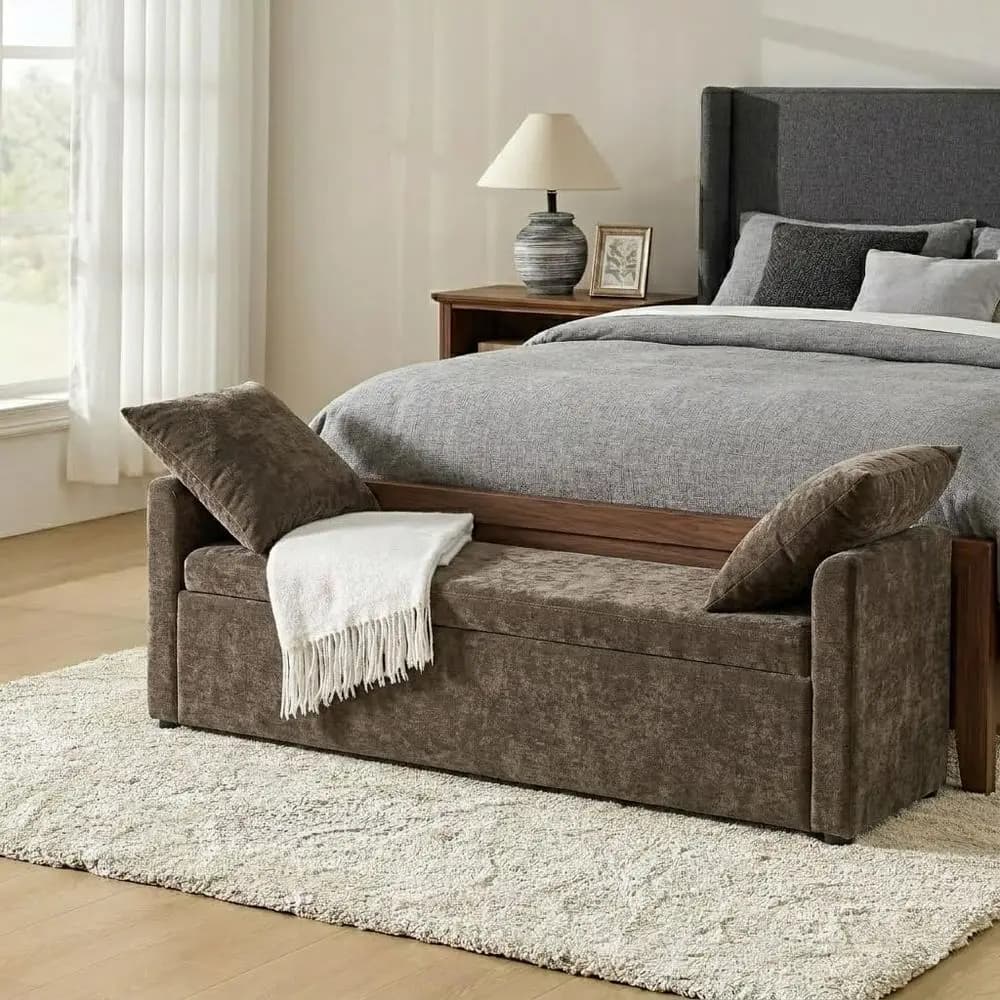 59" Storage Bench with 2 Throw Pillows, ern Long Bedroom Bench or End o Bed, Comy Upholstered ootstool or Entryway Living Room,