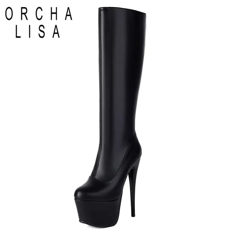ORCHALISA Brand Women Shiny Knee Boots Round Toe 15cm Stiletto Heel 6cm Platform Zipper Size 46-47 Nightclub Party Sexy Booties