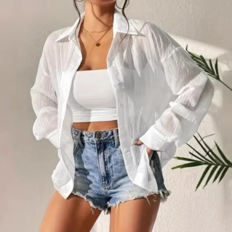 Camicette Bianche da Donna, Moda Estiva, Eleganti a Righe Semi-Trasparenti, Camicia Casual Larga, Top Classico Anti-Appannamento con Bottoni, Abbigliamento Streetwear Femminile