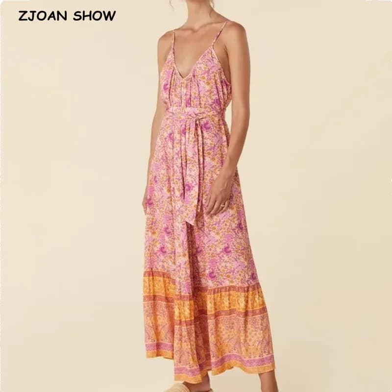2023 BOHO V neck Flower Print Sling Dress etnico donna Tie Bow telai Low Back allentato Midi Long Robe Beach Holiday Summer