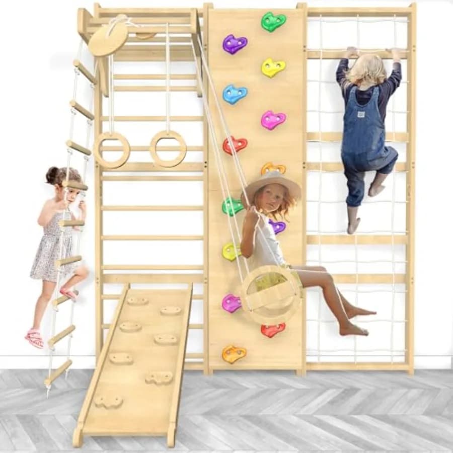 Set da palestra per parco giochi domestico con scala svedese: extra-large, altezza 94,5 pollici, design 10-in-1 con altalena, scala a corda, barra per trazioni, scivolo