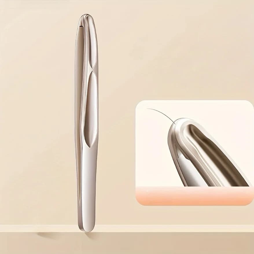 Stainless steel eyebrow clip to finish beard and precision moustache: delicate on light beige, round head tweezers with design