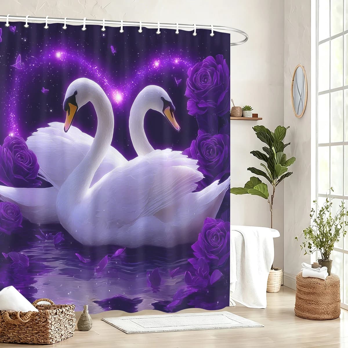 Tenda da Doccia in Poliestere con Motivi Animali e Floreali - Tenda Decorativa per Bagno con Disegni di Uccelli, Farfalle e Cigni