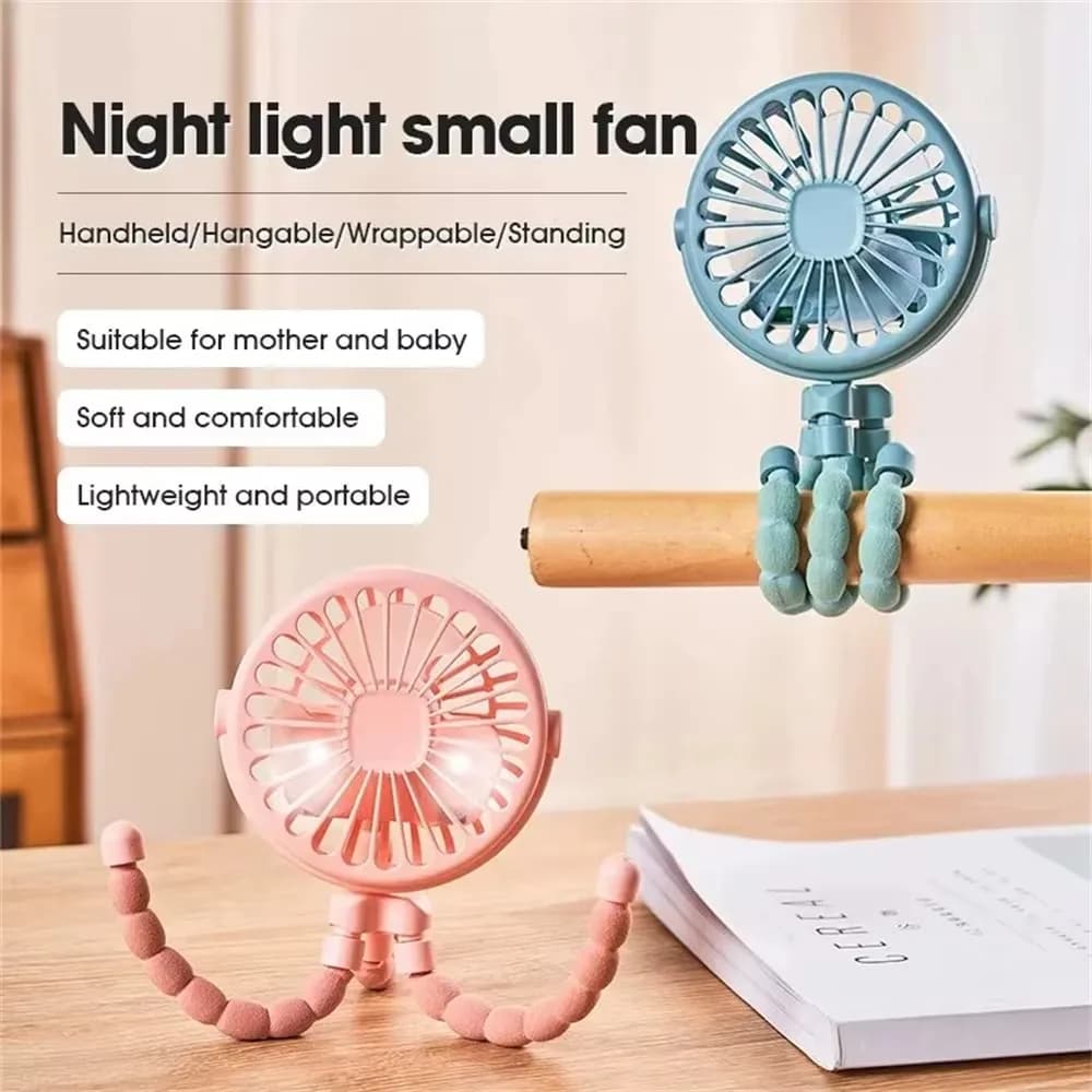 Ventilatore Mini Pieghevole PANGDUBE per Passeggino, Portatile USB Ricaricabile con Clip a Polpo e Luce LED, per Seggiolino Auto e Passeggino, Ventilatore Portatile per Maternità