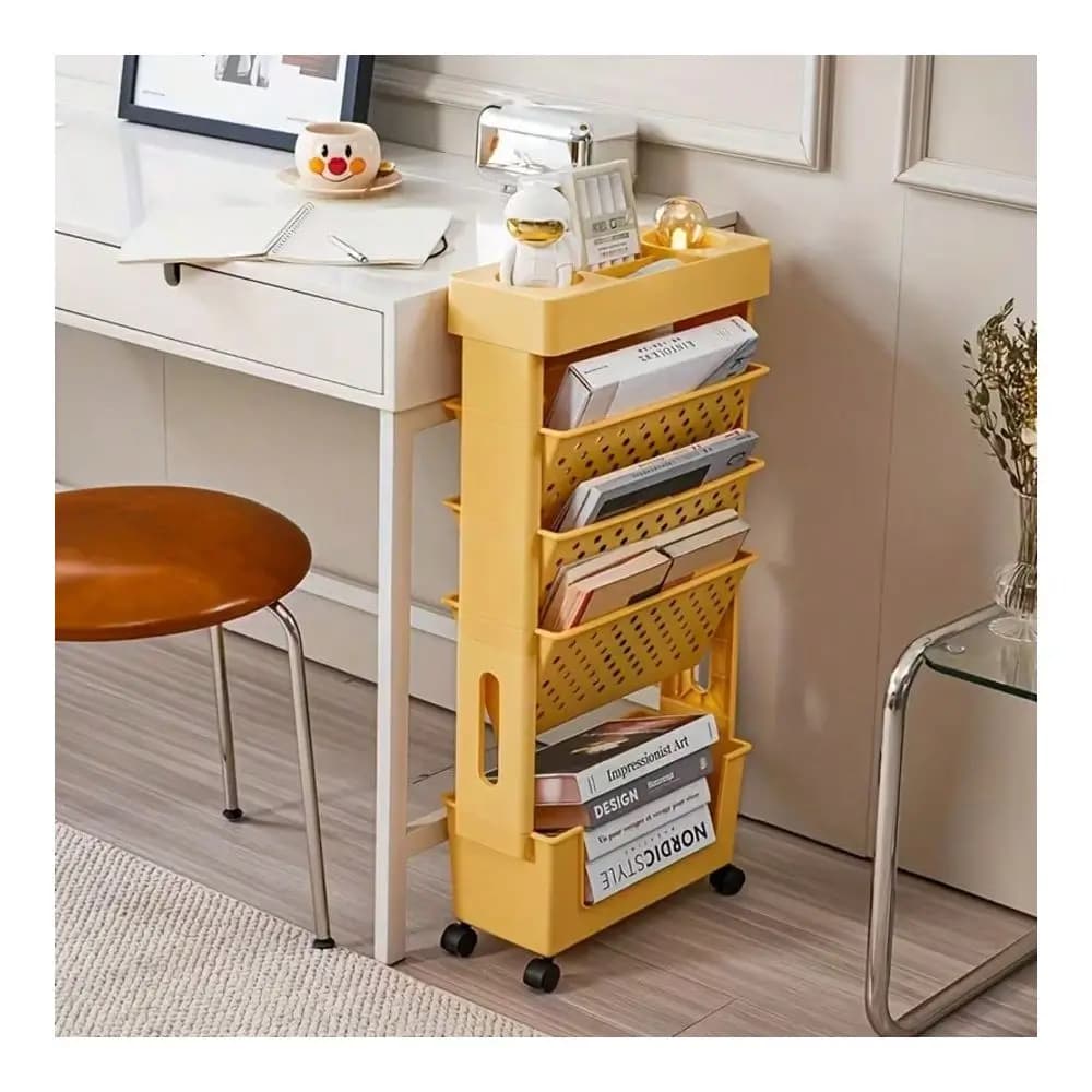Carrello portaoggetti, torre portaoggetti a cinque livelli con ruote, dotato di foglietti adesivi, disponibile in quattro colori, design con maniglia per un facile spostamento