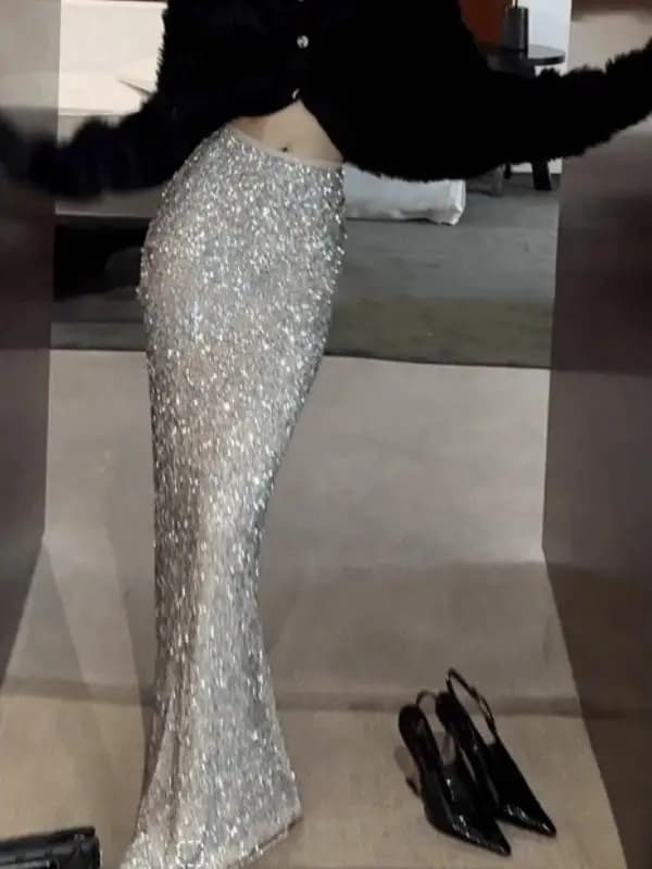 Gonna lunga a vita alta in paillettes argento alla moda, taglie forti, linea ad A, effetto lusso, nuova collezione autunno inverno per taglie forti