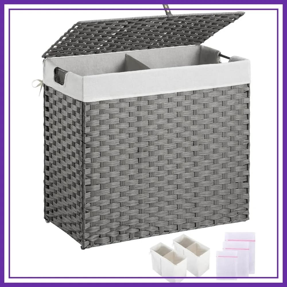 Cesto per Bucato Pieghevole da 130L con Coperchio, 2 Sacchi Rimovibili, Cesto in Rattan Intrecciato a Mano con Manici, Grigio
