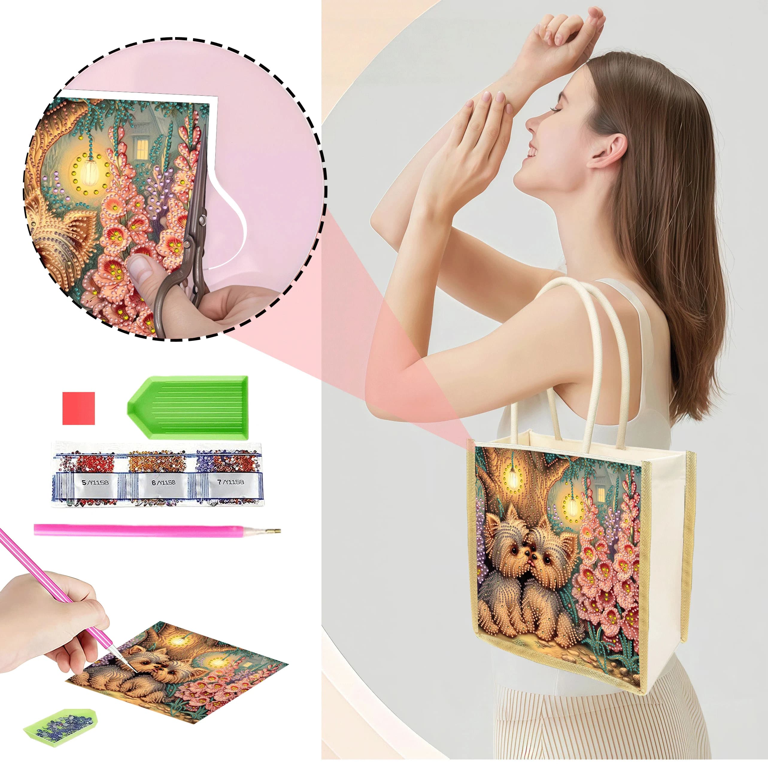 1 borsa tote per pittura con diamanti, motivo cucciolo, materiale in tela, motivo intercambiabile, la prima scelta per il regalo di Natale