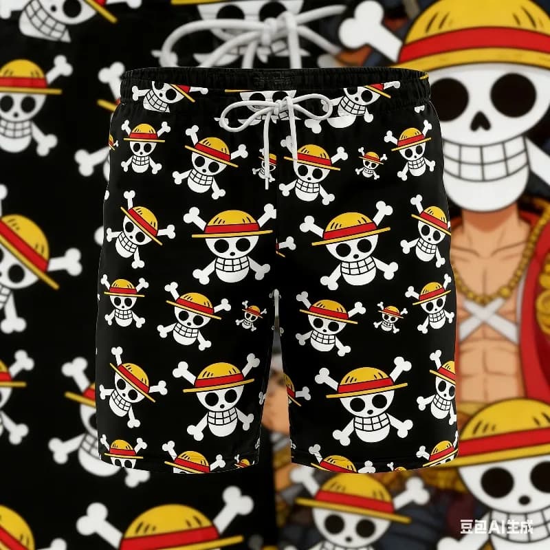 Luffy One Full swimsuit for adults and children with pockets with drawstring, training shorts with quick drying anime print