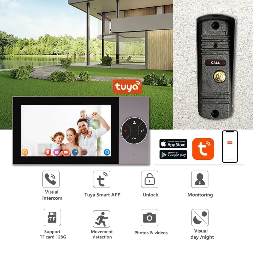 Videocitofono con Schermo IPS da 7 Pollici, Controllo Remoto Tramite App Tuya, 2MP 1080P, Cablato/WiFi, Spioncino Digitale