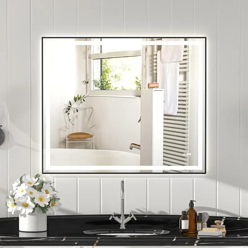 Specchio argento ecologico nero 48x40 con doppie strisce luminose a LED e illuminazione anteriore e posteriore