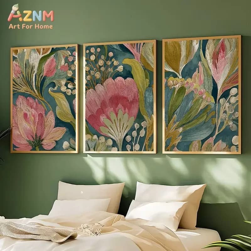 3PCS Teal Blue Pink Botanical Floral Canvas Prints Set Watercolor Wildflower Wall Art Posters for Living Room Bedroom Boho Vinta