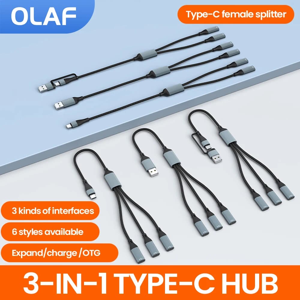 3 in 1 Tipo C Hub USB Splitter USBA /USB C a Tipo C Cavo di prolunga USB Tipo C Splitter Convertitore OTG per PC Laptop Accessori