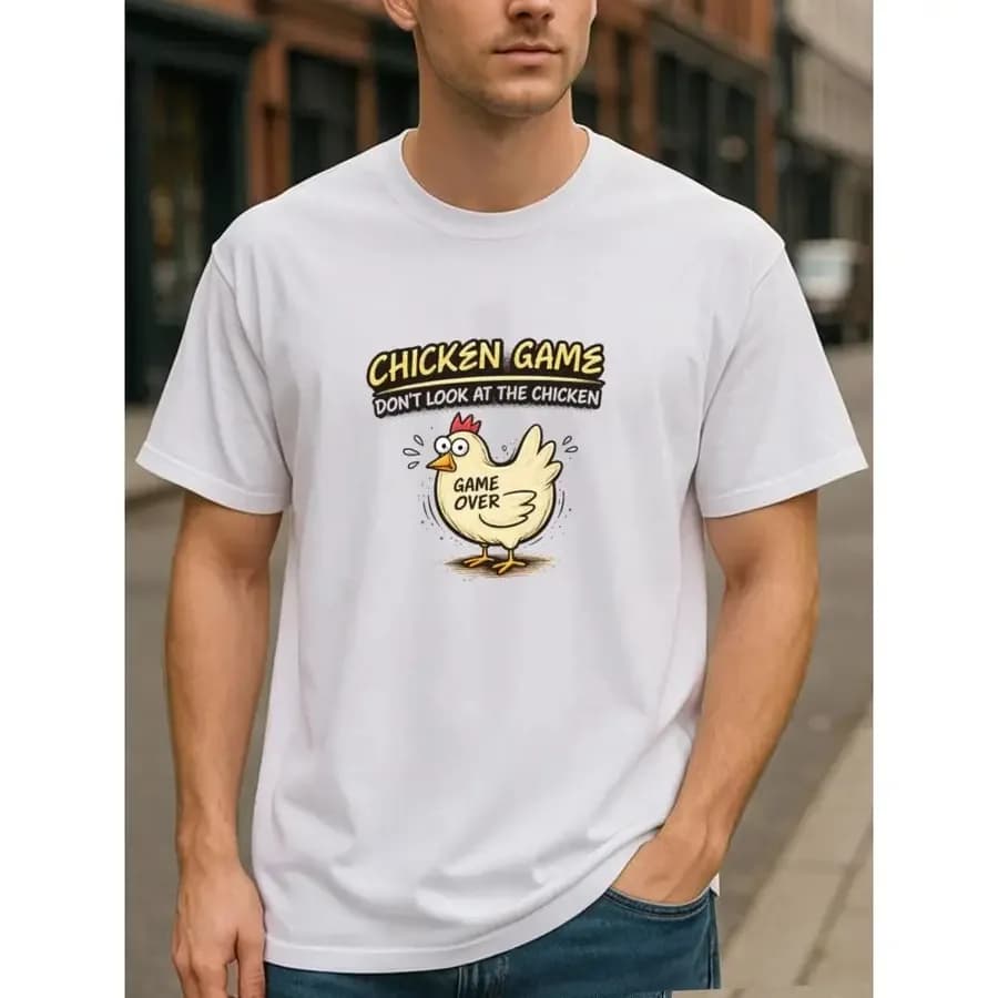 T-shirt estiva divertente e originale con disegno di pollo, con la frase 'Chicken Game Don't Look at The Chicken', design A