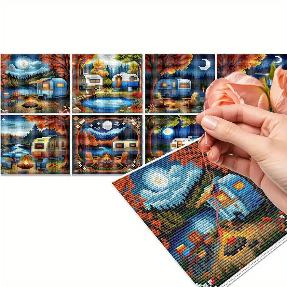 8 pezzi punto croce autunno notte scenario luna modello timbrato 11 ct ricamo tessuto stampato regali fatti a mano 15X15 cm/5,9X5,9 pollici