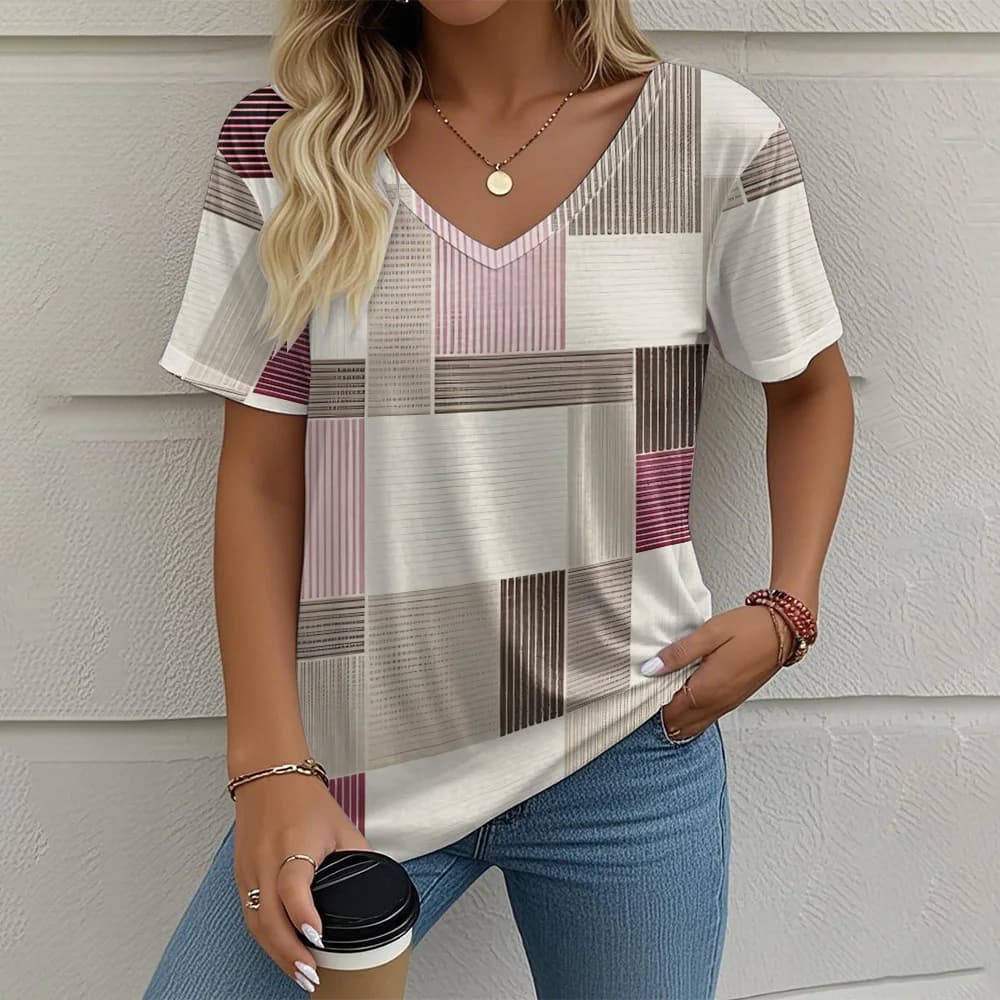 T-shirt a maniche corte con scollo a V da donna estiva Top T-shirt da esterno con stampa grafica Abbigliamento casual oversize femminile Streetshirts
