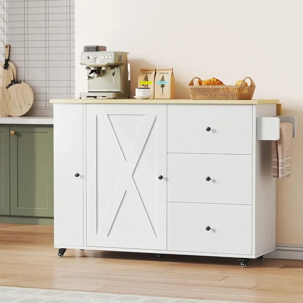 47.2 Rolling Kitchen Island with Storage, Drop Leaf, 3 Shelves, Cabinet, and Towel Bar for Home & Dining