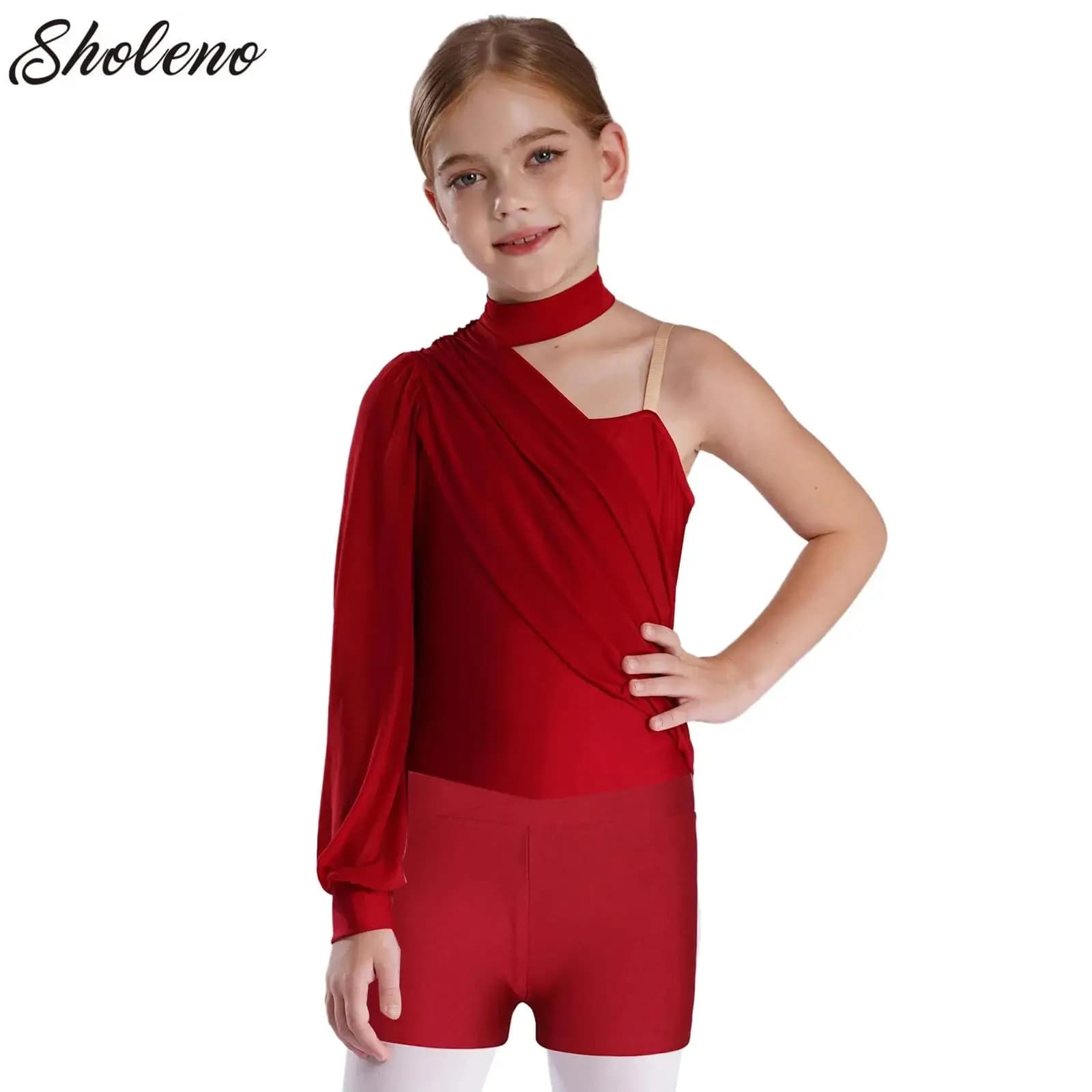 Body per danza classica a maniche lunghe con una spalla per bambina, pattinaggio, ginnastica ritmica, tuta unitard con pantaloncini, set di abbigliamento da ballo