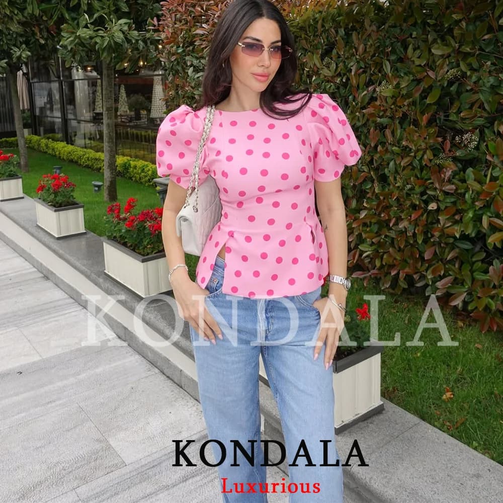 KONDALA Casual Chic Pink Dot T-shirts Women O Neck Short Puff Sleeve Straight Tops Fashion 2026 Summer Y2K Girl Beach Party Tops