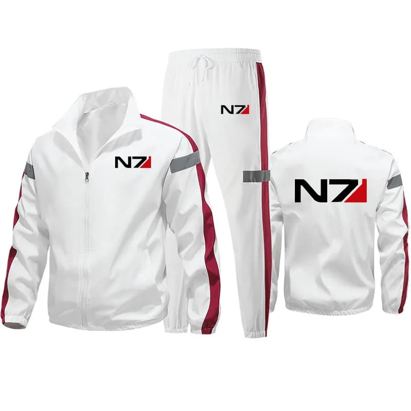 New Men N7 Mass Effect print Tracksuit jacket Casual Solid Color Pullover Long Pant 2-piece Set Autumn Jogger Sports Suit