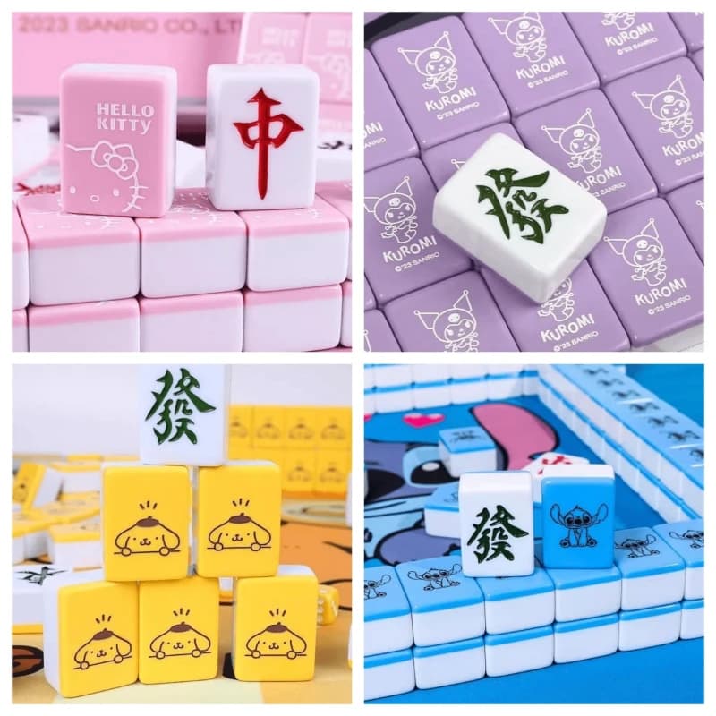 144 pezzi Sanrio Hello Kitty Mini Mahjong Piastrelle Kuromi Pochacco Mahjong Set di giochi Family Party Supply Dormitorio Carte da gioco Gioco