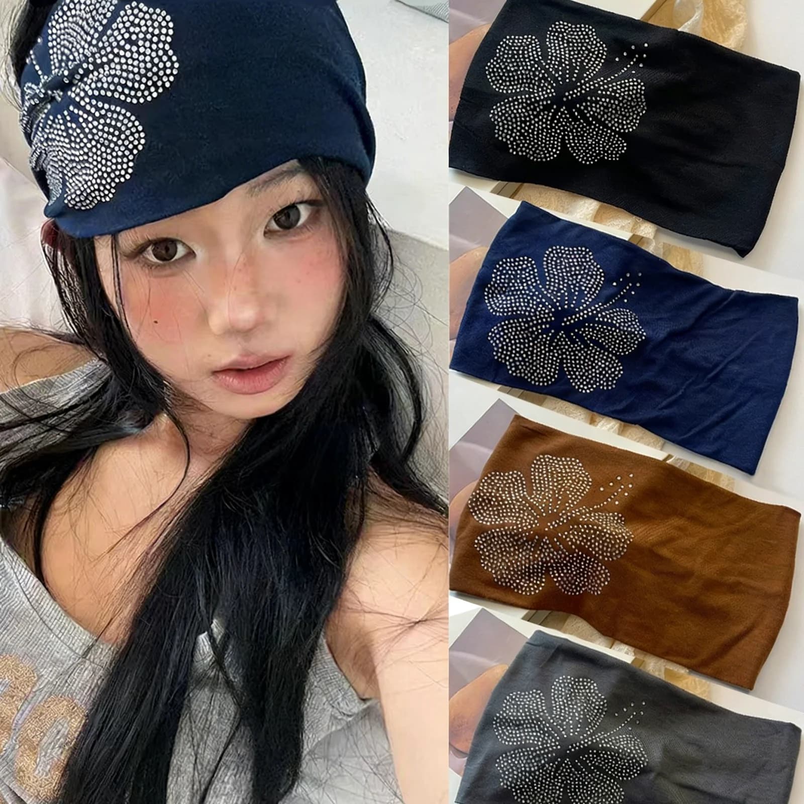 Fasce per capelli larghe con strass a forma di ibisco per la primavera/estate, stile Y2K, elastici per capelli alla moda, accessorio per capelli per tutti i giorni.