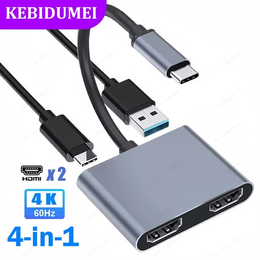 Docking station USB C 4 in 1 Adattatore doppio HDMI 4K @ 60Hz HUB USB 3.0 Tipo C a HDMI Adattatore splitter USB C OTG per laptop MacBook
