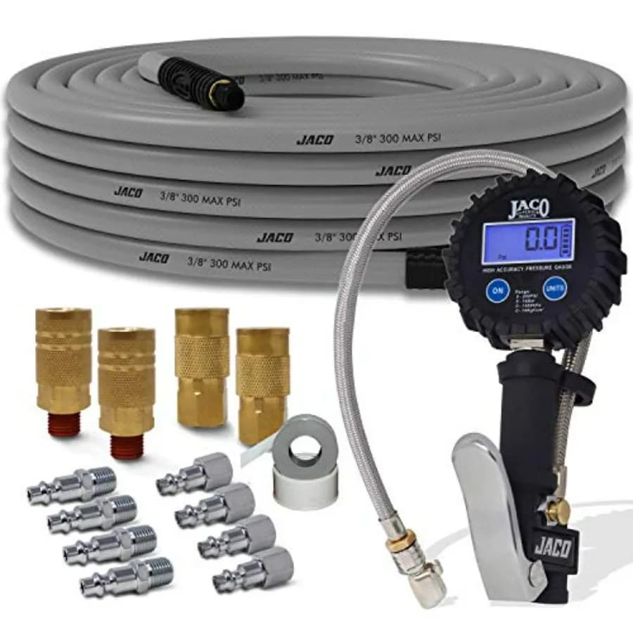JACO FlexFlow Kit pacchetto gonfiaggio pneumatici JSP-2000 con misuratore di gonfiaggio digitale FlowPro (200 PSI) Tubo flessibile per compressore d'aria Flexpro Indu