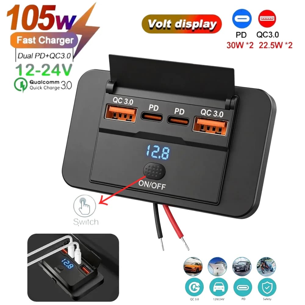 4-Port USB Car Charger Panel QC3.0 PD Fast Charge Socket 12V 24V with Voltmeter Switch for Car RV Boat Marine Motorcycle