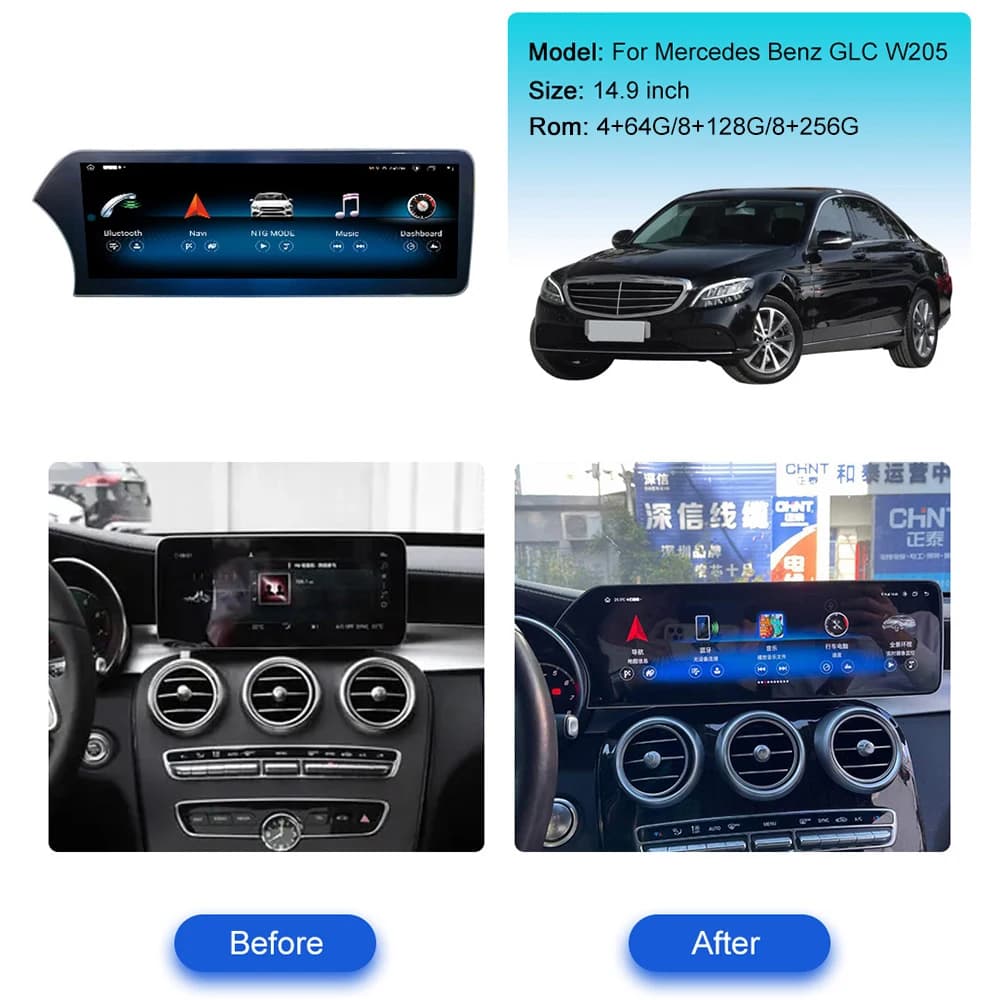 14.9 Carplay Android 13 Per MERCEDES BENZ Classe C W205 C200 C260 C300 GLC X253 Auto GPS di Navigazione HeadUnit Lettore Multimediale