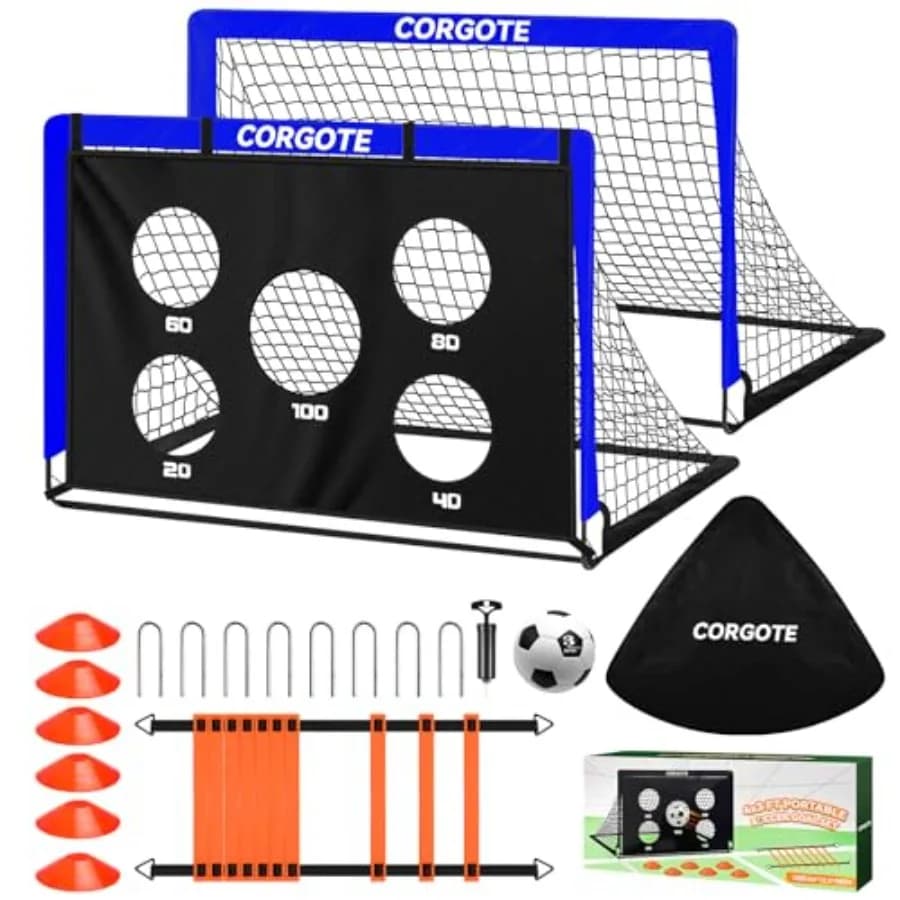 Porte da calcio per bambini per il giardino, set da 2, rete da calcio portatile pop-up 4x3 piedi, attrezzatura per allenamento calcio con palla, coni e scala