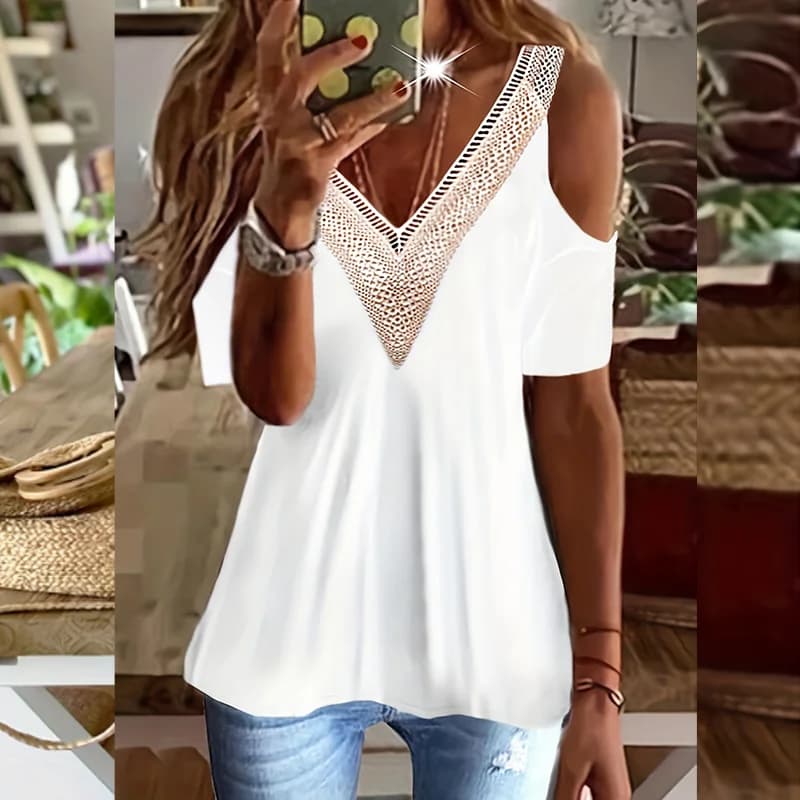 T-shirt casual da donna estiva con applicazioni, scollo a V, spalle scoperte e maniche corte, adatta per il lavoro quotidiano