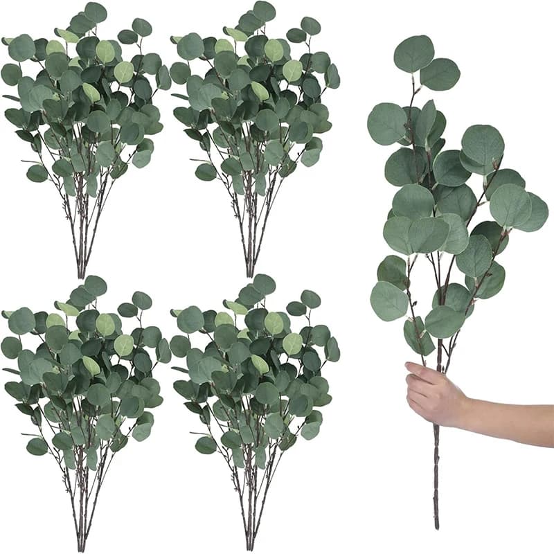 Bouquet di piante artificiali di eucalipto da 5 pezzi, stelo verde per decorazioni domestiche, giardino, matrimoni, feste, ornamenti per esterni