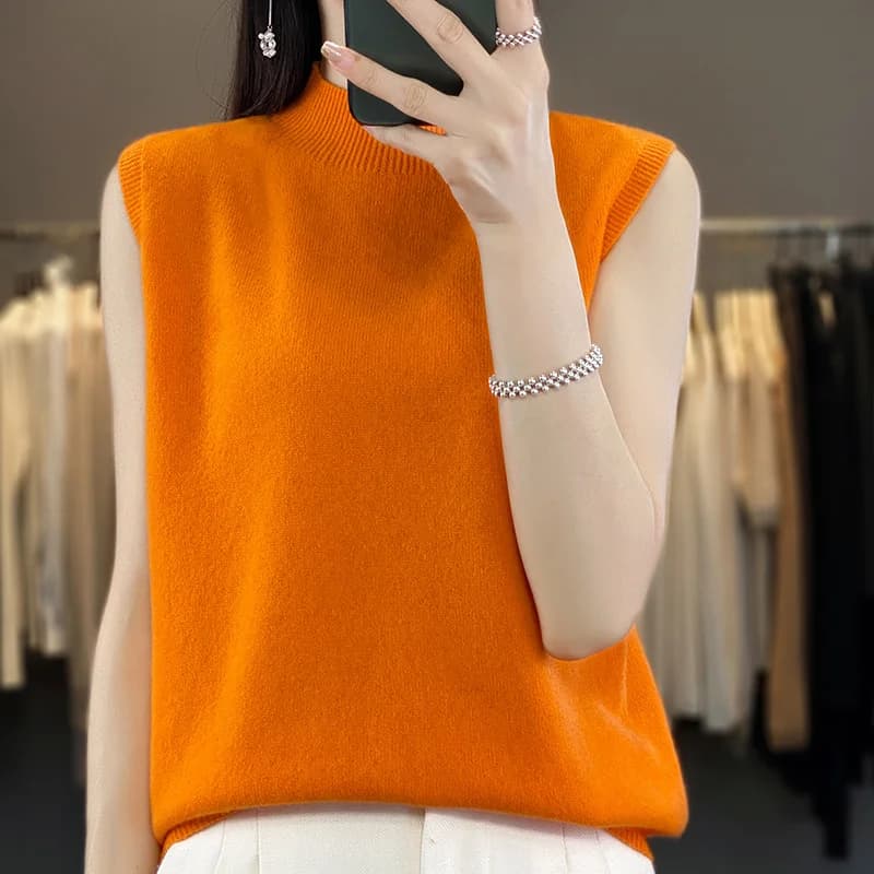Women's 100% Pure Merino Wool Sleeveless Sweater Semi High Neck Cashmere Knitted Pullover Solid Color High-end Casual Top WQ811