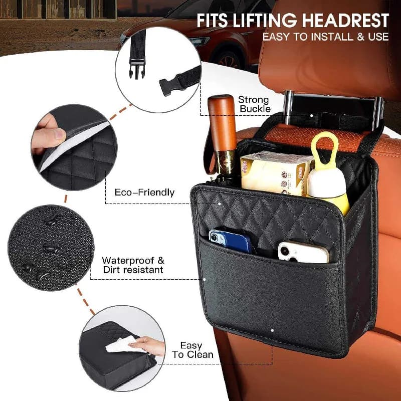 Universal Car Seat Back Organizer Waterproof Leather Multifunctional Hanging Storage Bag Foldable with Large Garbage Bin