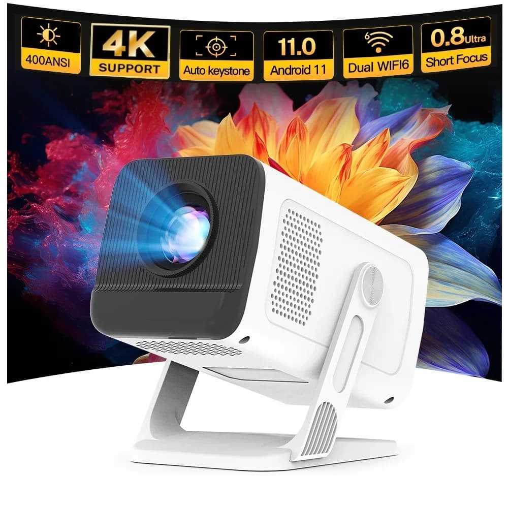 Mini Proiettore con Wifi6 e BT5.4, Supporto 1080P 4K, Android 11, Correzione Automatica Keystone 180° ° Proiettore Portatile Flessibile per Uso Home Theater