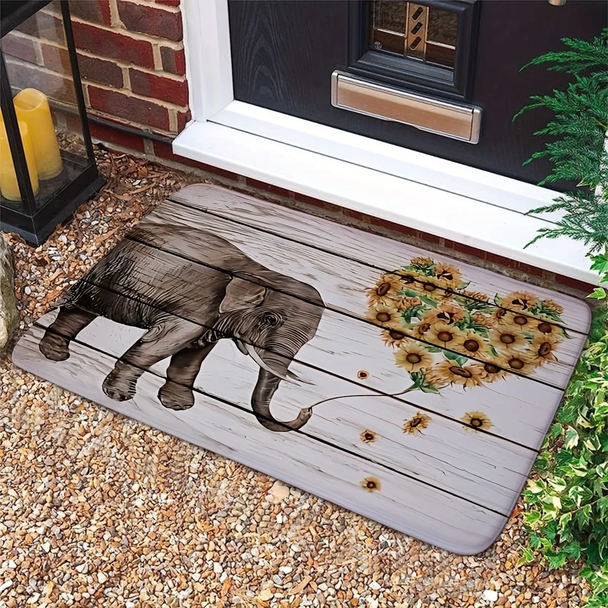 Elephant Sunflower Heart Print Doormat Rustic Wood Grain Entry Mat Cute Animal Floor Rug for Home Porch Living Room Bedroom
