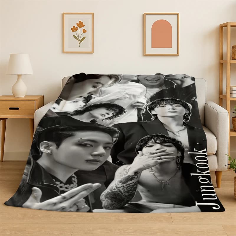 Coperta in flanella Kpop B-BTS Jeon Jung Kook JK, morbida e calda, per camera da letto, soggiorno, letto, viaggi, campeggio, picnic, regalo