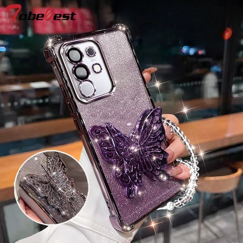 Custodia con braccialetto di perline con supporto per telefono a farfalla 3D per Samsung Galaxy S26 Ultra Plus Cover placcata glitterata
