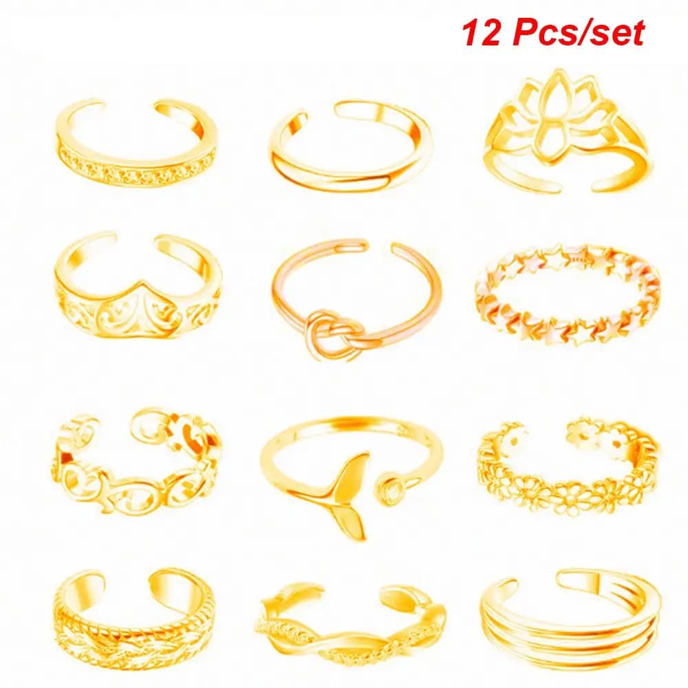 12pcs/set Girls Women Beach Summer Adjustable Tail Ring Finger Rings Toe Ring Set Foot Ring