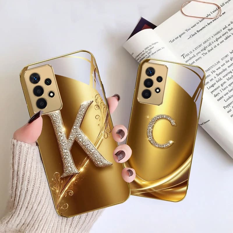 Phone case in gilded glass with bay leaf ring for Samsung A01, A52S, A04, A05S, A10, A12, A13, A22, A23, A24, A36, A42, M02, Note 10, 20 Ultra, 8, 9