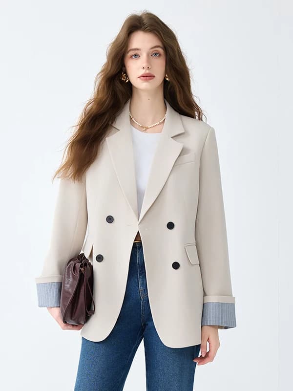 Giacca Doppiopetto in Stile Coreano alla Moda, Versatile per Ufficio e Lavoro, in Fibra di Poliestere, Completamente Foderata, Maniche Lunghe