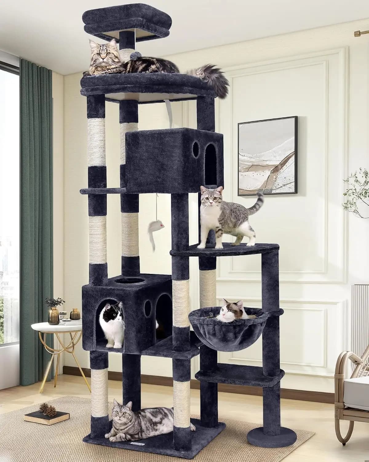 Albero per gatti grande da 83 pollici con 9 posti per grattare, ampie casette per gatti da interno fino a 20+ libbre, grigio scuro