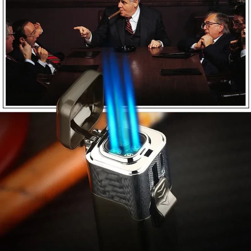 Accendino a Gas Butano Creativo ad Alta Potenza, Turbo 4 Fiamme Blu, Jet ad Alta Pressione, Accendino per Sigari, Regalo per Uomo