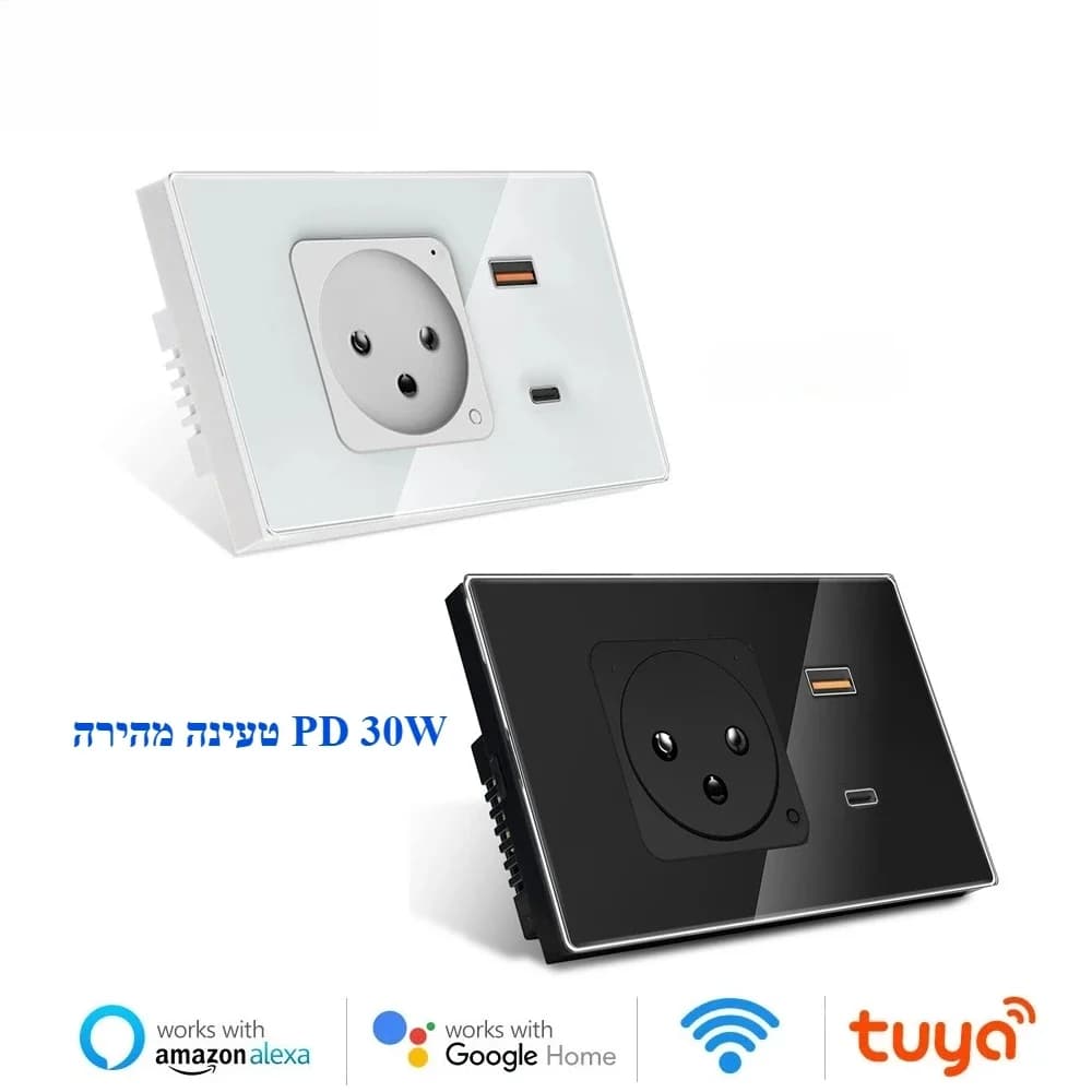 Presa a Muro Smart Adea Wifi Tuya con USB Type-C PD 20W, Pannello in Vetro, Controllo Remoto tramite Alexa e Google Home
